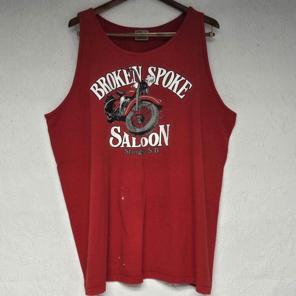 Oneita Vintage 90s Red Sturgis Broken Spoke Saloon XXL Tank Top Muscle Shirt USA